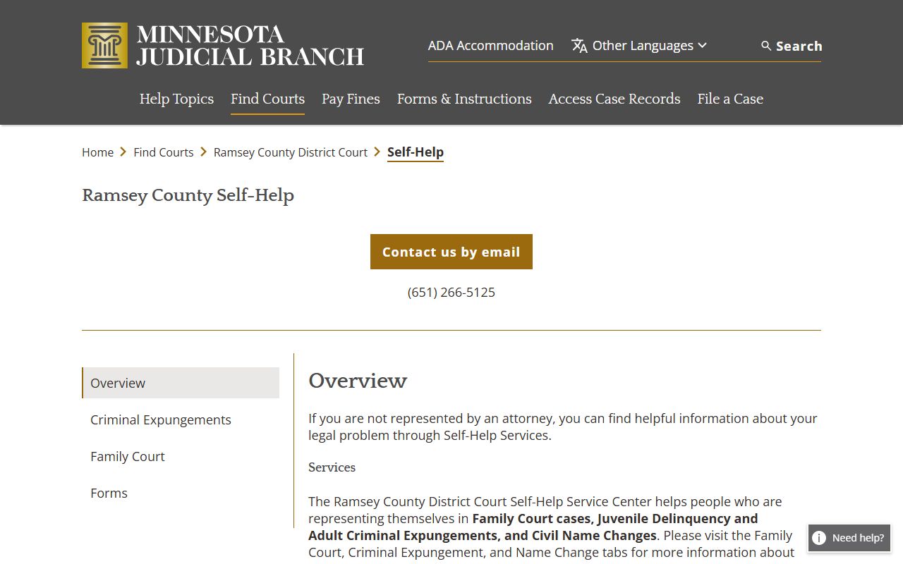 Ramsey County Self-Help Center page showing free legal clinic details for divorce decree and family law self-filers