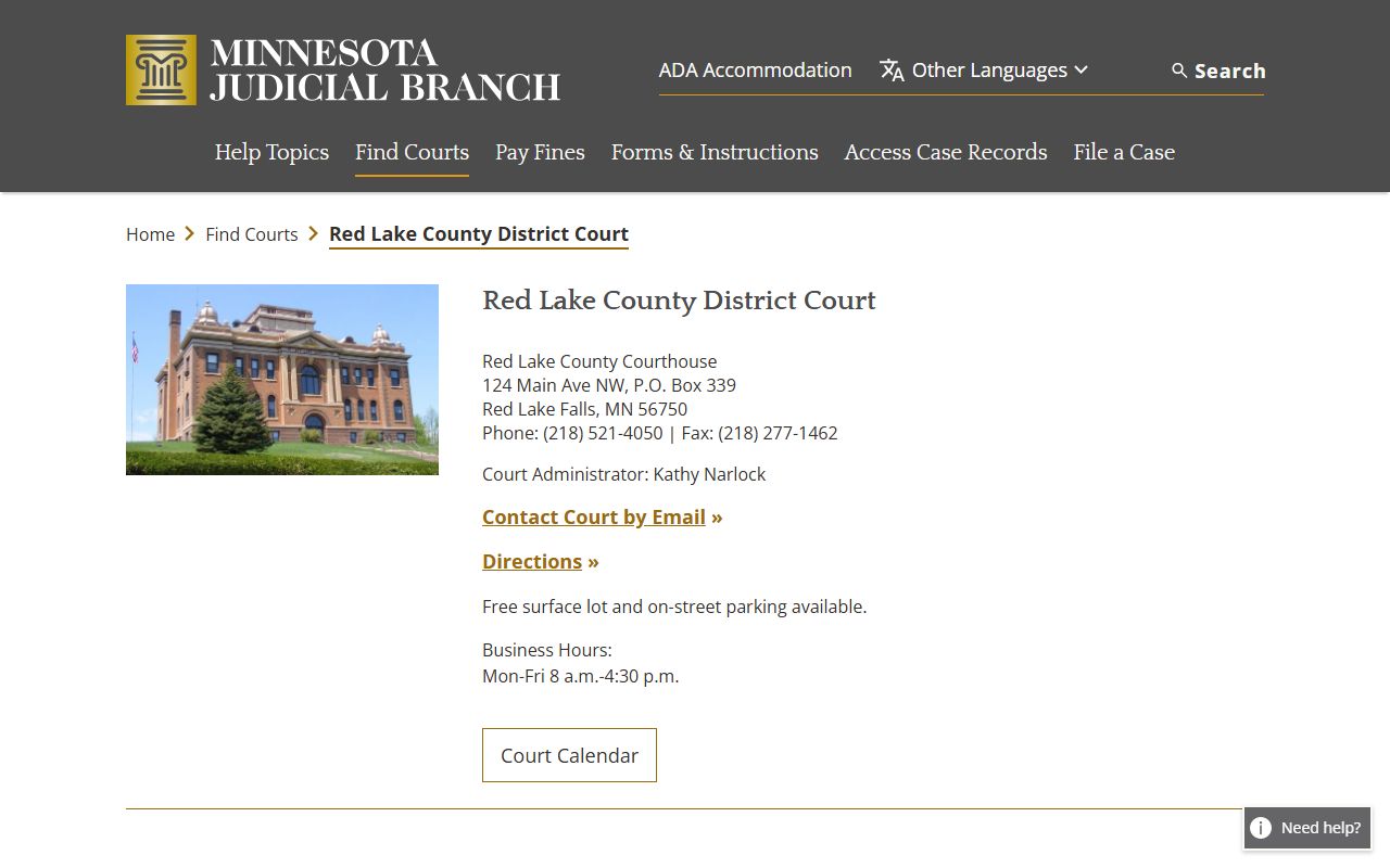Red Lake County District Court page on the Minnesota Judicial Branch website showing contact information and services for divorce decree records