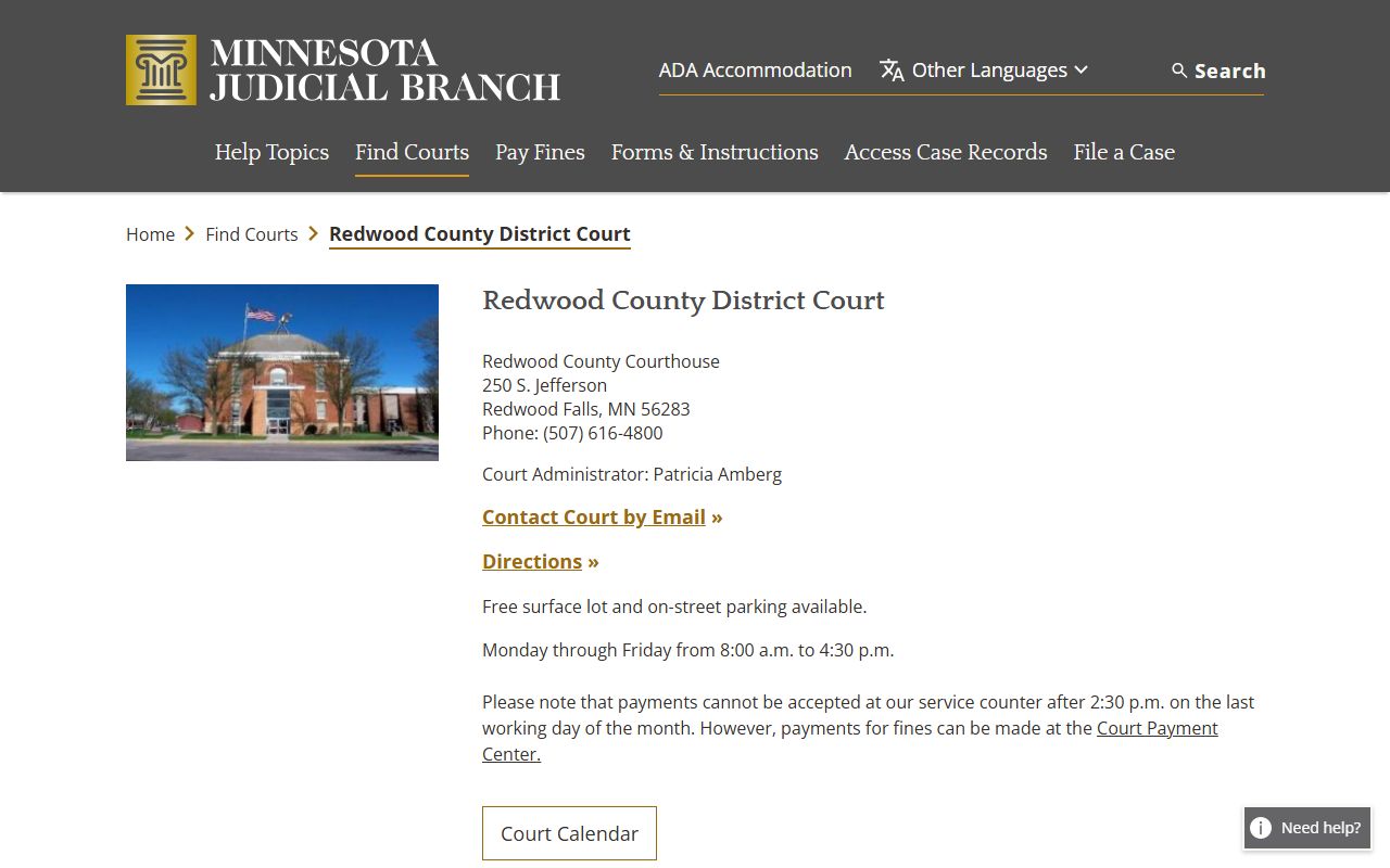 Redwood County District Court page on the Minnesota Judicial Branch website showing court services and contact information for divorce decree records