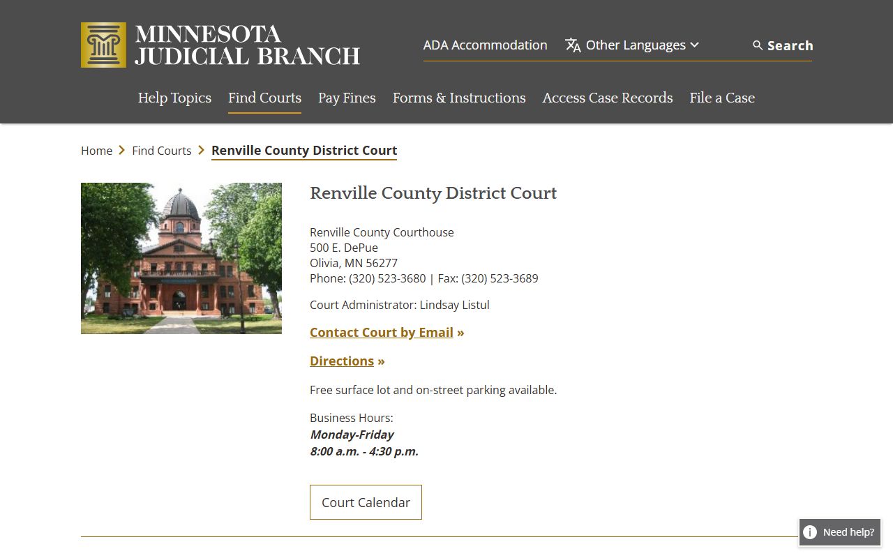 Renville County District Court page on the Minnesota Judicial Branch website showing court contact details and services for divorce decree records in Olivia