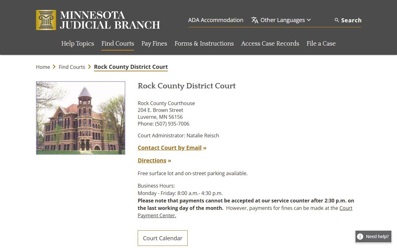 Rock County District Court page on the Minnesota Judicial Branch website showing court contact details and services for divorce decree records in Luverne