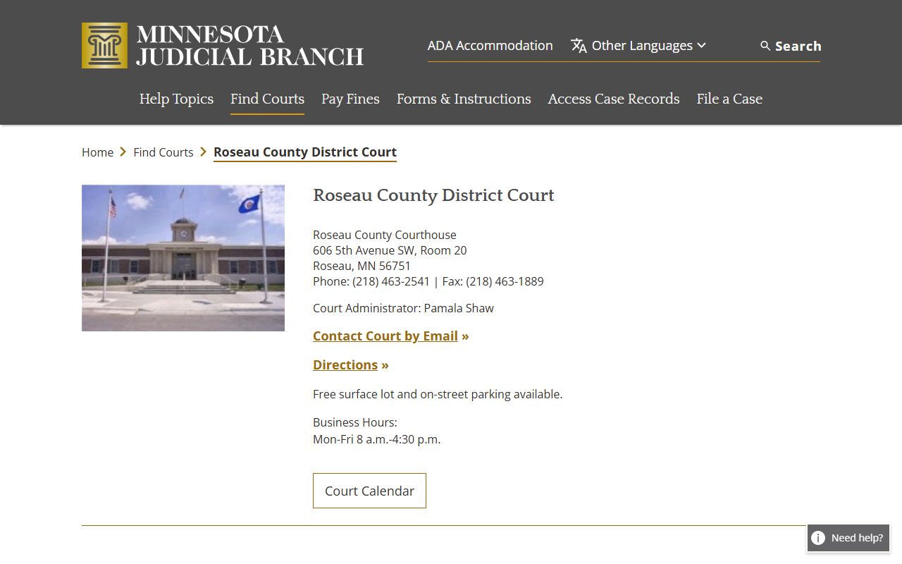 Roseau County District Court page on the Minnesota Judicial Branch website showing court services and contact info for divorce decree records