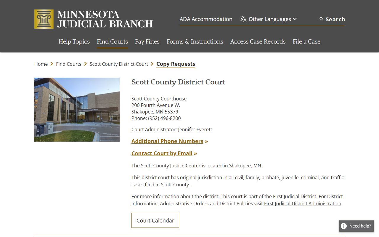 Scott County copy requests page showing instructions for ordering divorce decree and other court record copies