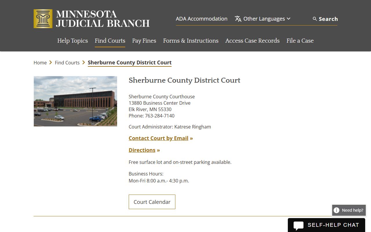 Sherburne County District Court page on the Minnesota Judicial Branch website showing court contact info and services for divorce decree records in Elk River