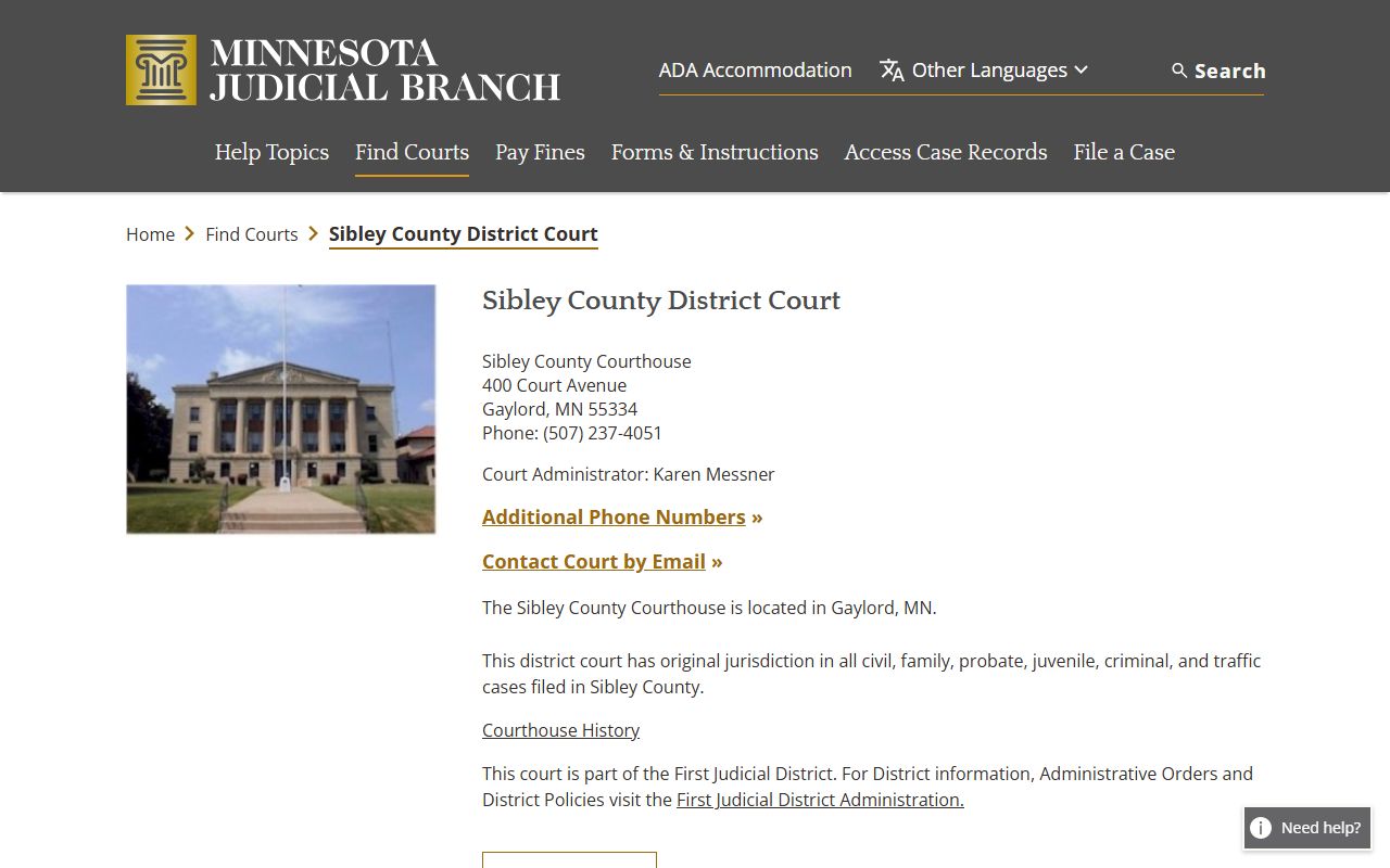 Sibley County District Court page on the Minnesota Judicial Branch website showing contact information and court services for divorce decree records in Gaylord