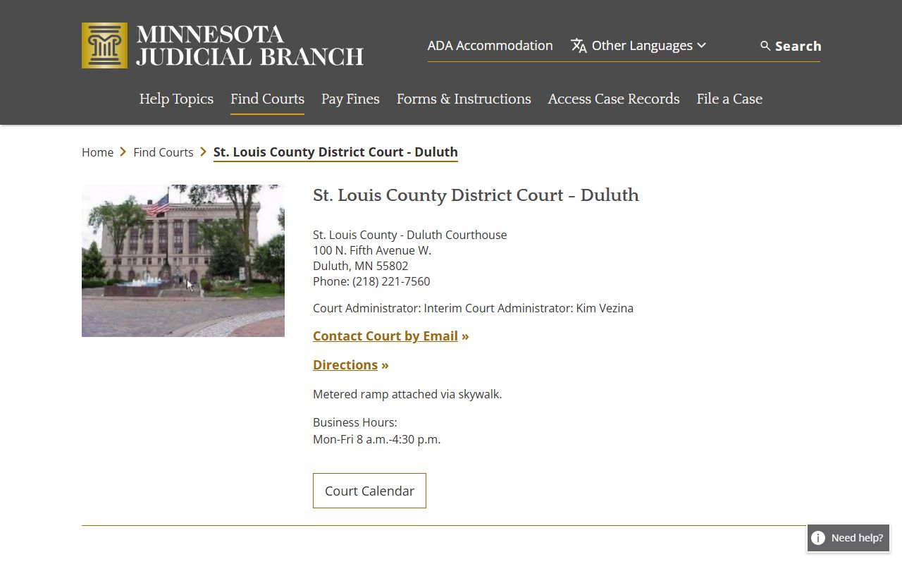 St. Louis County Duluth courthouse page on the Minnesota Judicial Branch website showing court services and contact details for divorce decree records