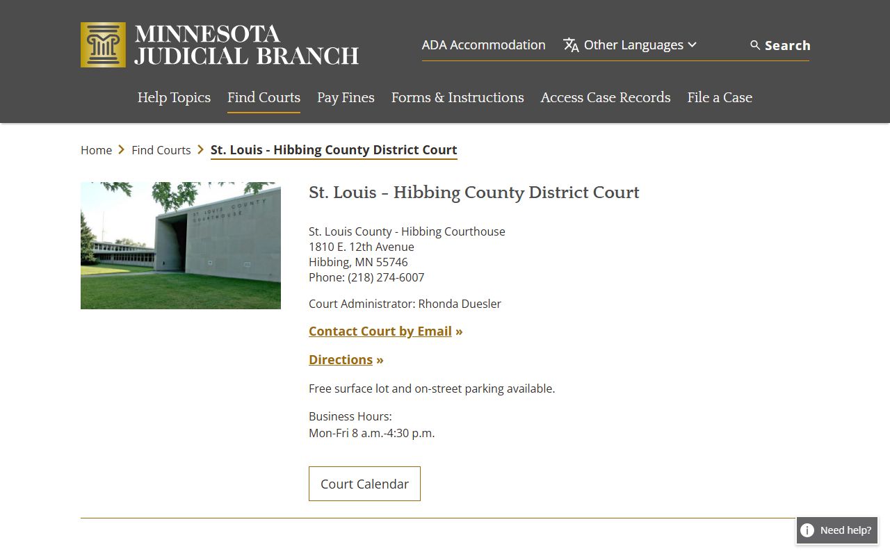 St. Louis County Hibbing courthouse page on the Minnesota Judicial Branch website showing contact details and services for divorce decree filings