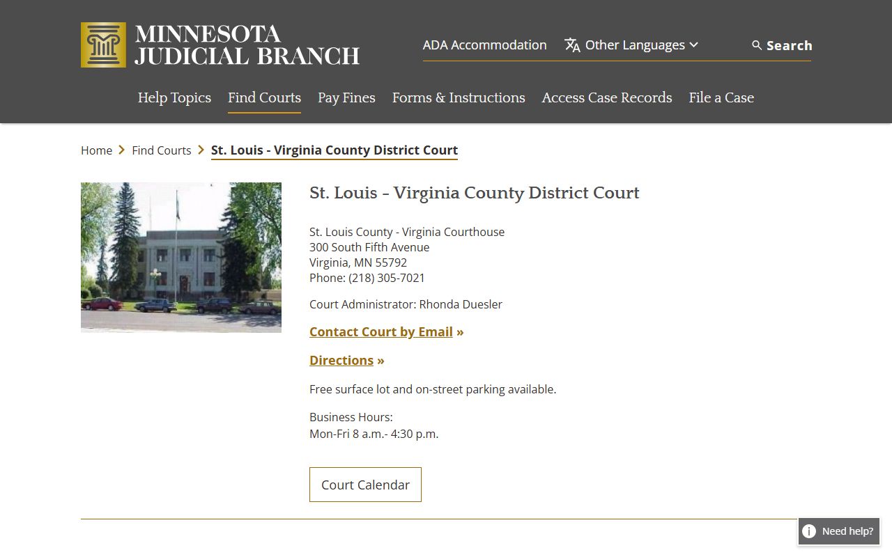 St. Louis County Virginia courthouse page on the Minnesota Judicial Branch website showing court contact info and services for divorce decree records