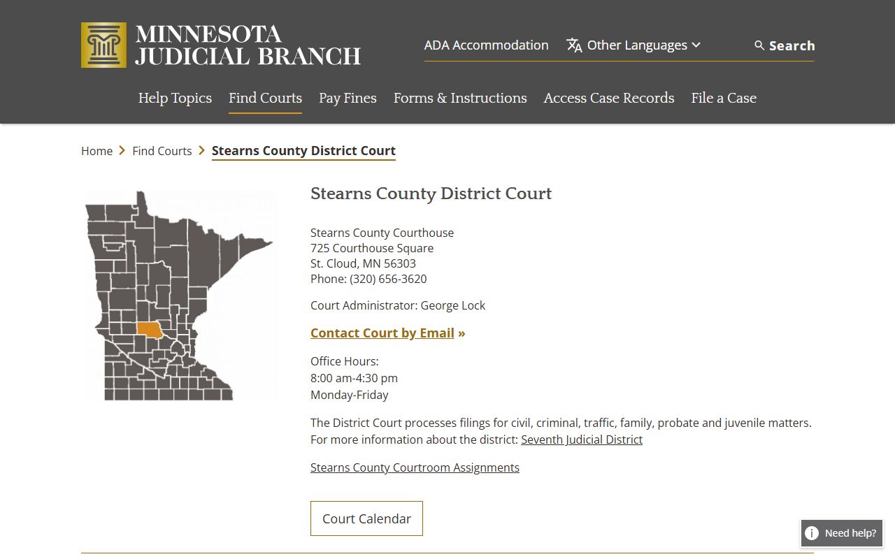 Stearns County District Court page showing contact information and services for divorce decree records in St. Cloud Minnesota