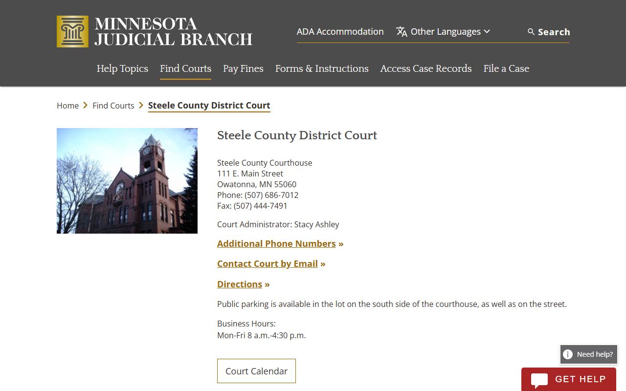 Steele County District Court page on the Minnesota Judicial Branch website showing contact information for divorce decree record requests