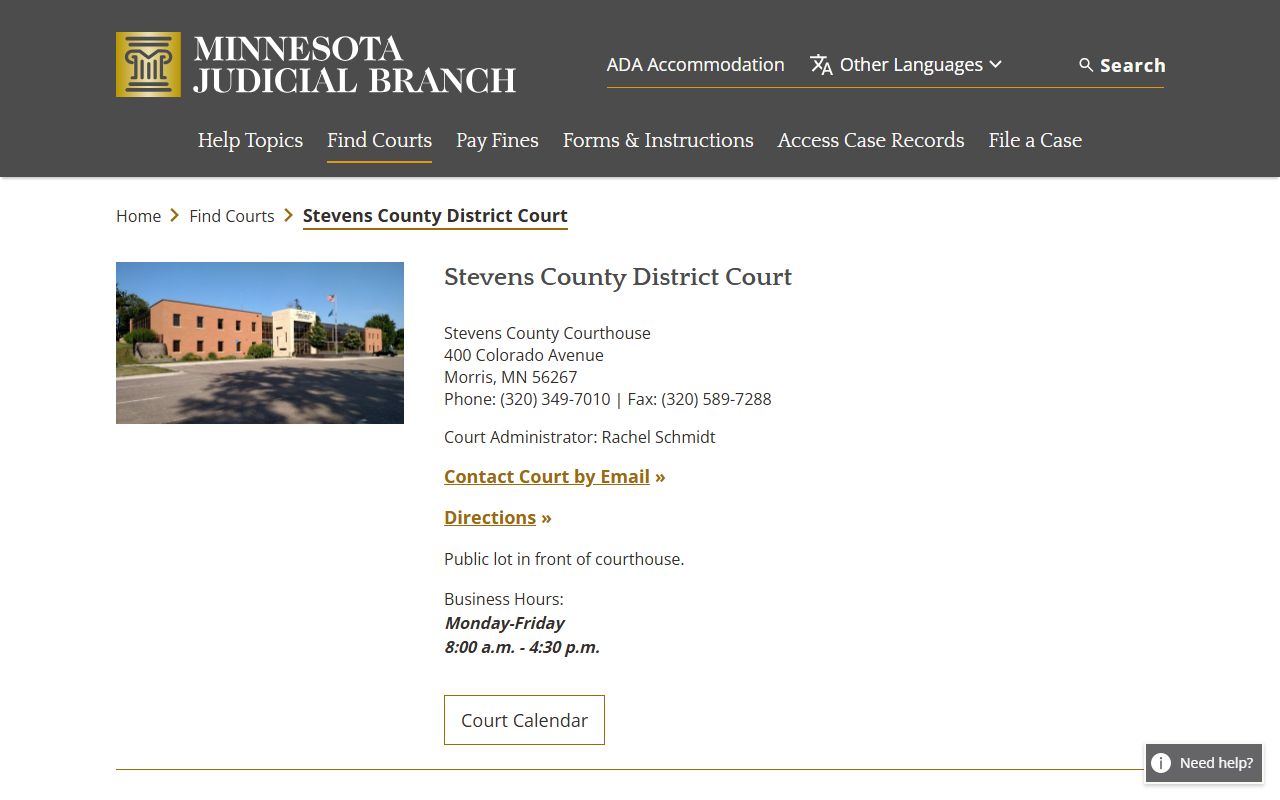 Stevens County District Court page on the Minnesota Judicial Branch website showing court information for divorce decree filings in Morris