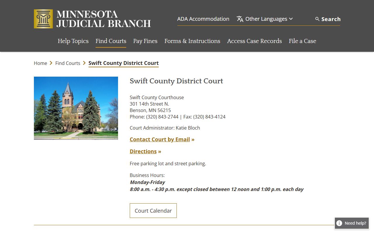 Swift County District Court page on the Minnesota Judicial Branch website showing court contact details for divorce decree records in Benson