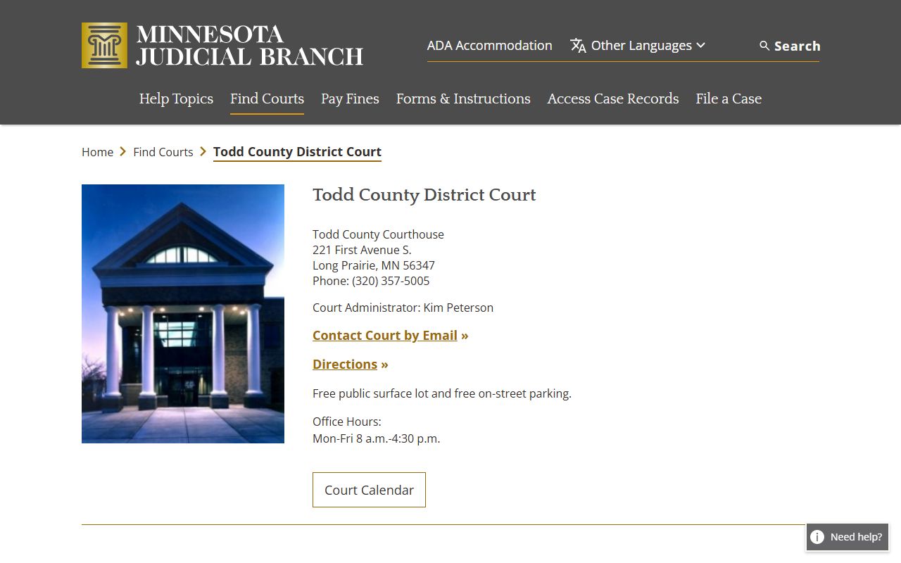 Todd County District Court page on the Minnesota Judicial Branch website with court contact info for divorce decree filings in Long Prairie