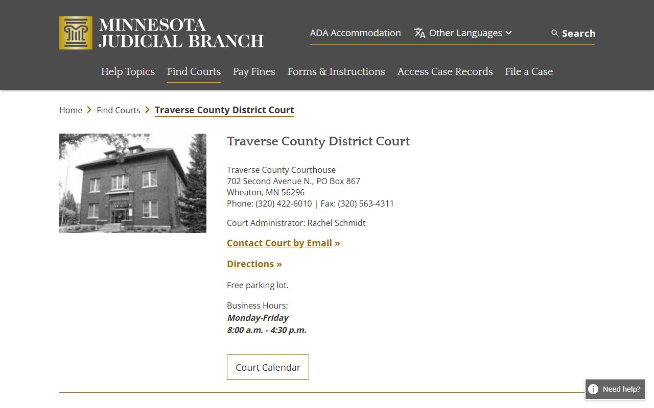 Traverse County District Court page on the Minnesota Judicial Branch website with contact info for divorce decree filings in Wheaton