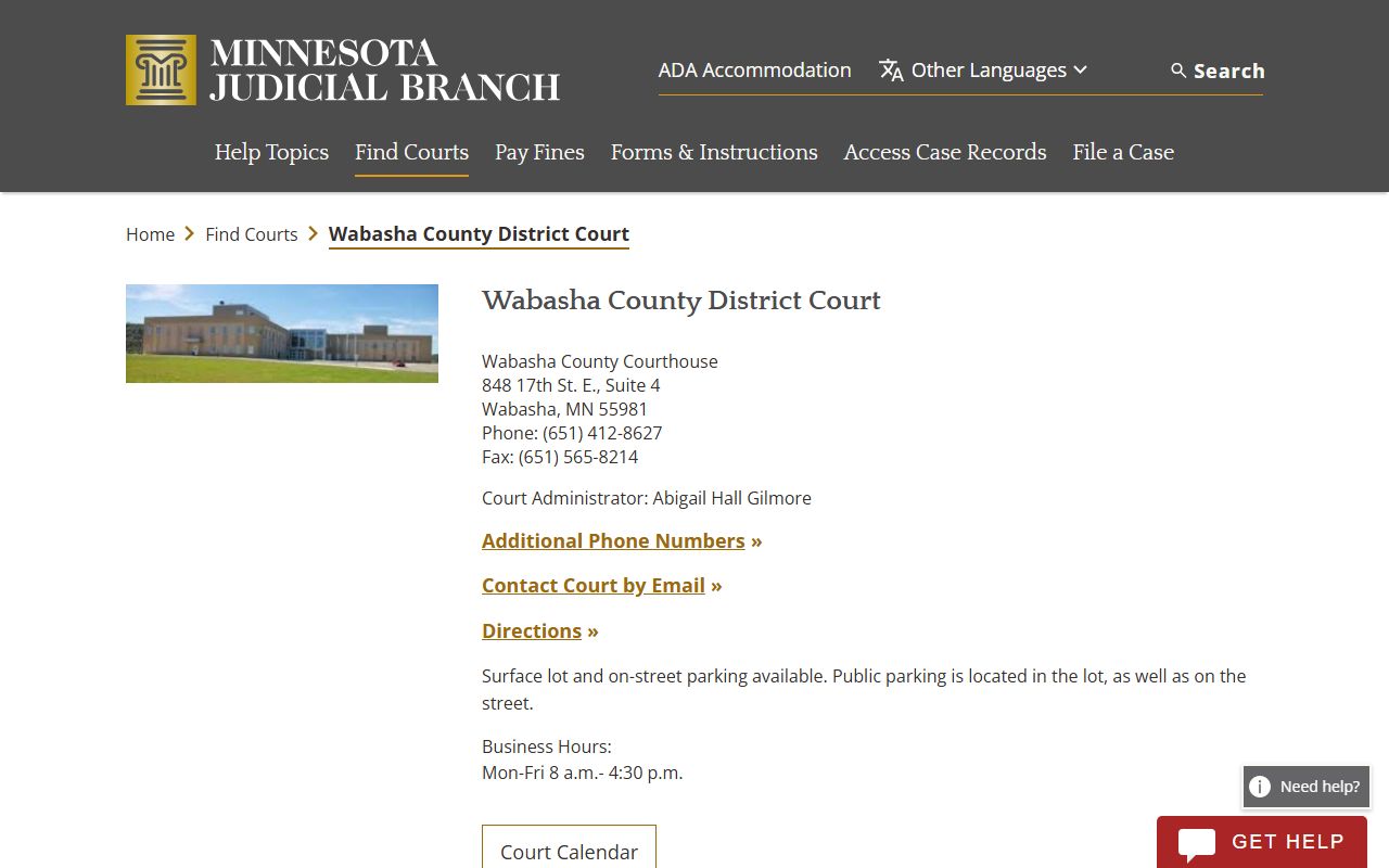 Wabasha County District Court page on the Minnesota Judicial Branch website with contact information for divorce decree record requests
