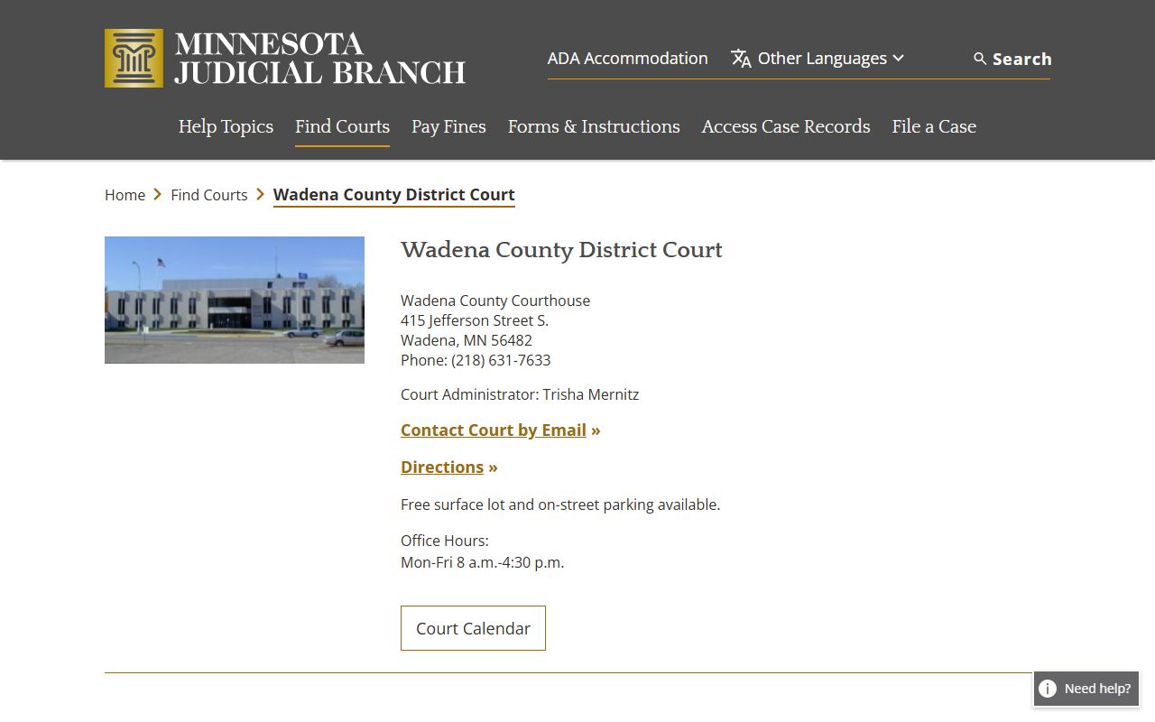 Wadena County District Court page on the Minnesota Judicial Branch website showing contact details for divorce decree records in Wadena