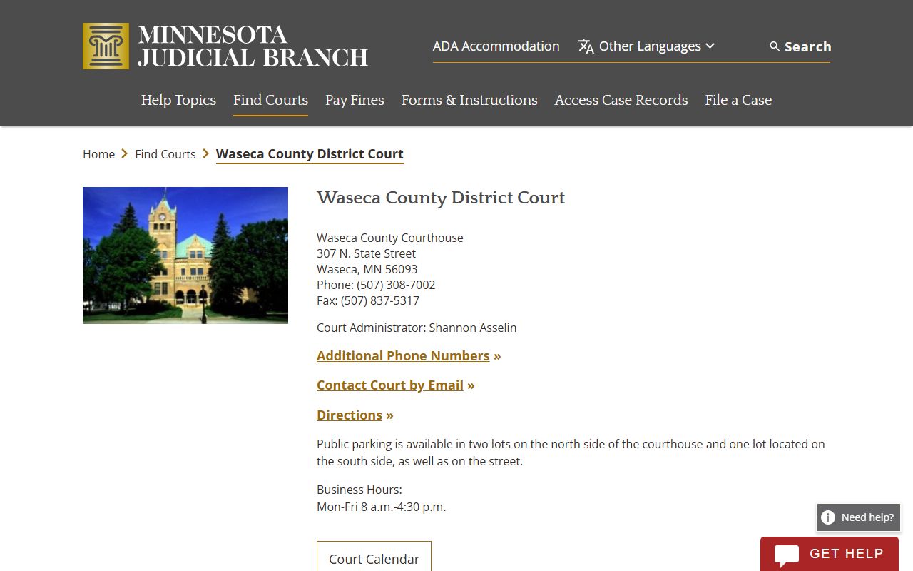 Waseca County District Court page on the Minnesota Judicial Branch website showing contact information for divorce decree filings