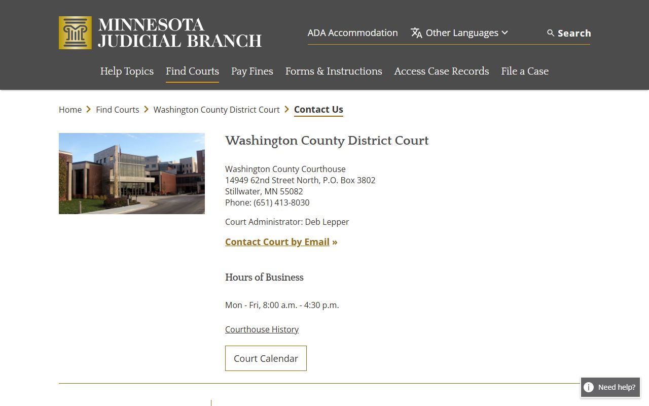 Washington County District Court contact page showing phone numbers and office hours for divorce decree and court record requests