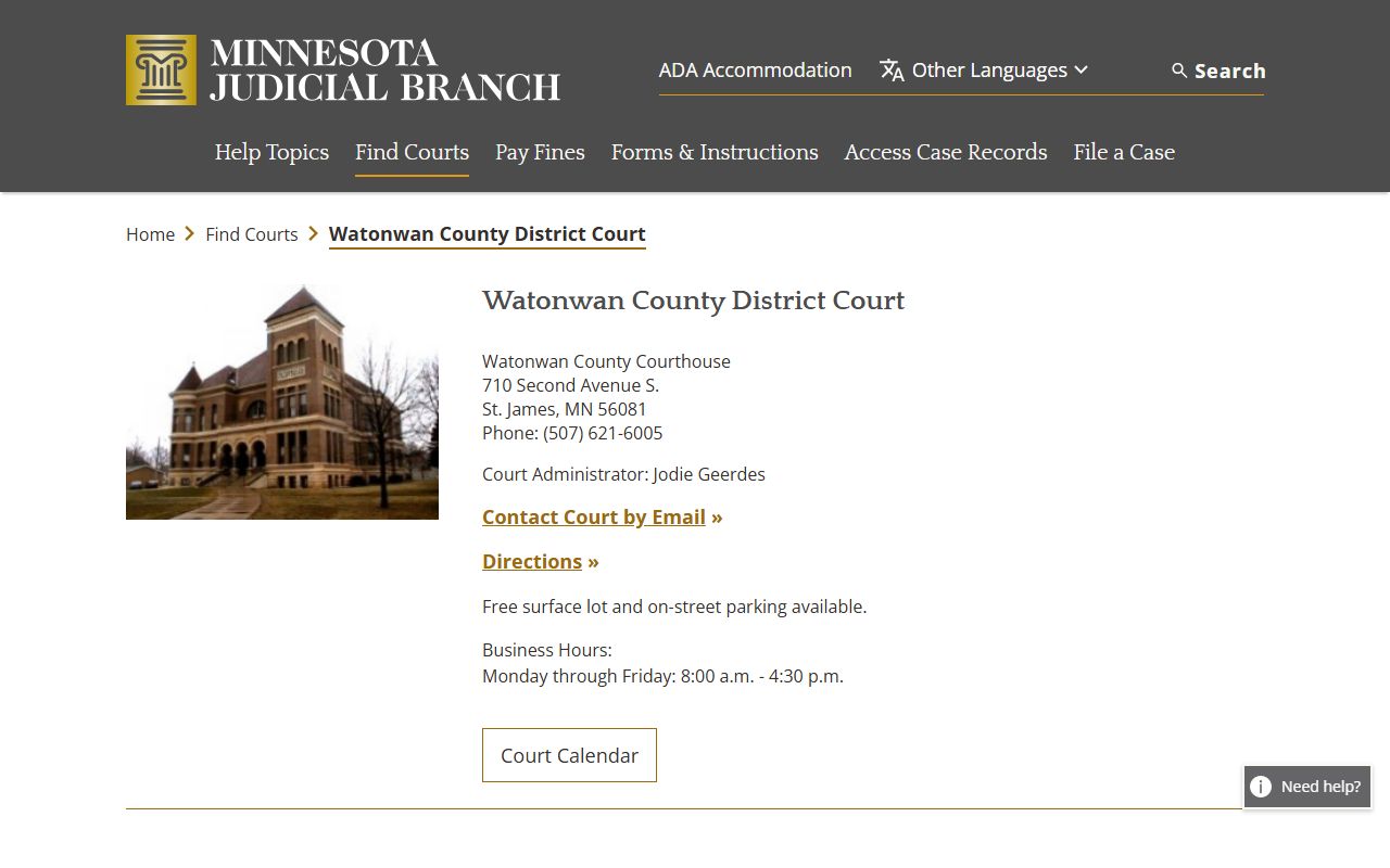 Watonwan County District Court page on the Minnesota Judicial Branch website with court contact details for divorce decree records in St. James