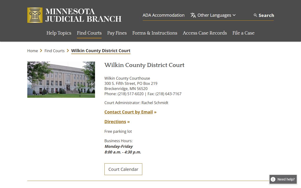 Wilkin County District Court page on Minnesota Judicial Branch website with contact details for divorce decree filings in Breckenridge