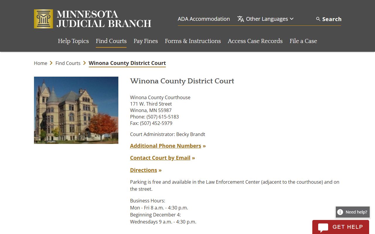Winona County District Court page on the Minnesota Judicial Branch website with court info and contact details for divorce decree records