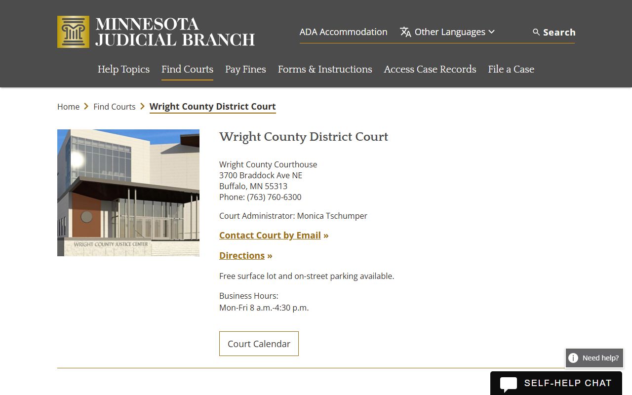 Wright County District Court page on Minnesota Judicial Branch website showing court contact info and services for divorce decree filings in Buffalo