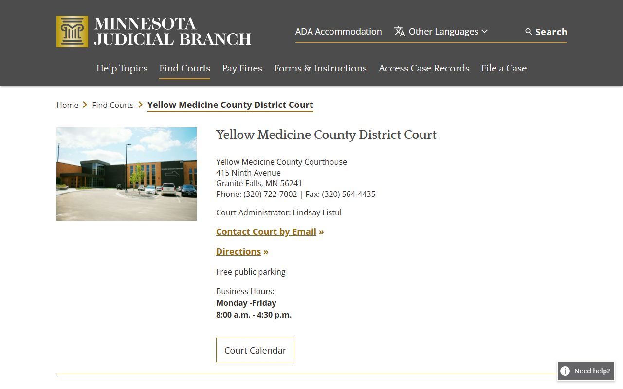 Yellow Medicine County District Court page on the Minnesota Judicial Branch website showing contact info for divorce decree filings in Granite Falls