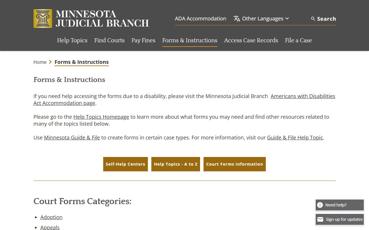 Minnesota Judicial Branch divorce forms page showing available court documents