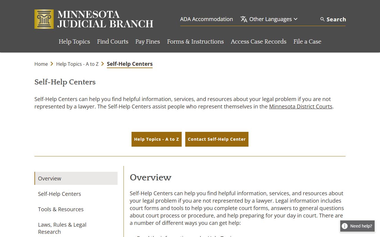 Minnesota Judicial Branch self-help centers directory showing available court assistance